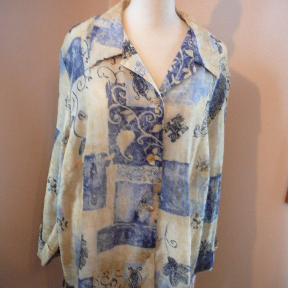 NWT Dressbarn Woman Yellow & Blue Sheer Collared 3/4 Cuffed Sleeve Blouse Sz-20W